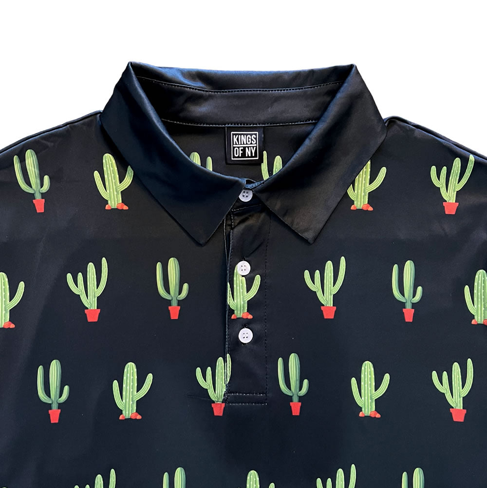 Black Saguaro Cactus Print Mens Golf Polo Shirt Designer Brand