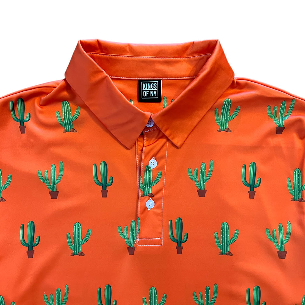 Orange Saguaro Cactus Print Mens Golf Polo Shirt Designer Brand