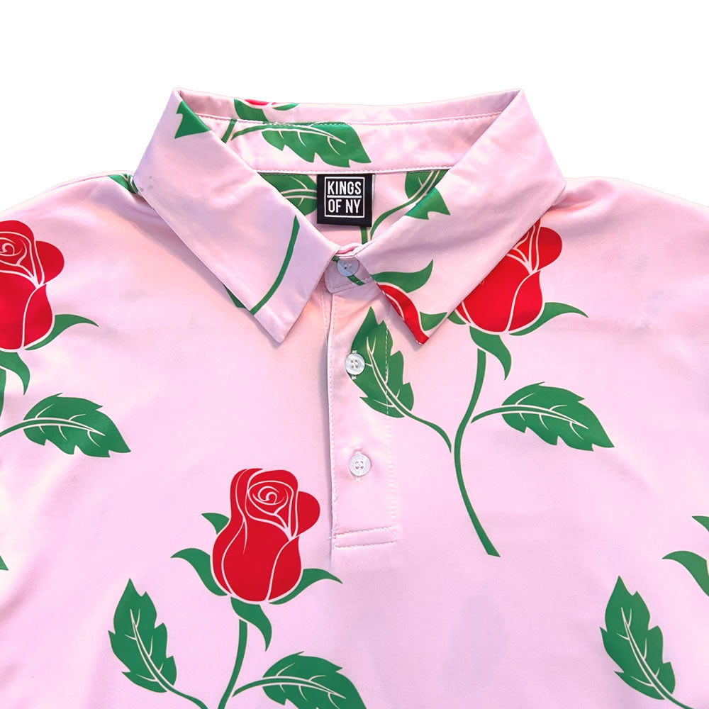Pink Red Rose Floral Print Mens Golf Polo Shirt Designer Brand Label