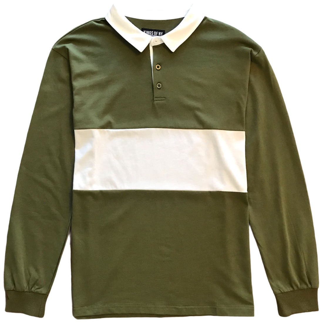 Mens Army Green and White Striped Long Sleeve Polo Rugby Shirt