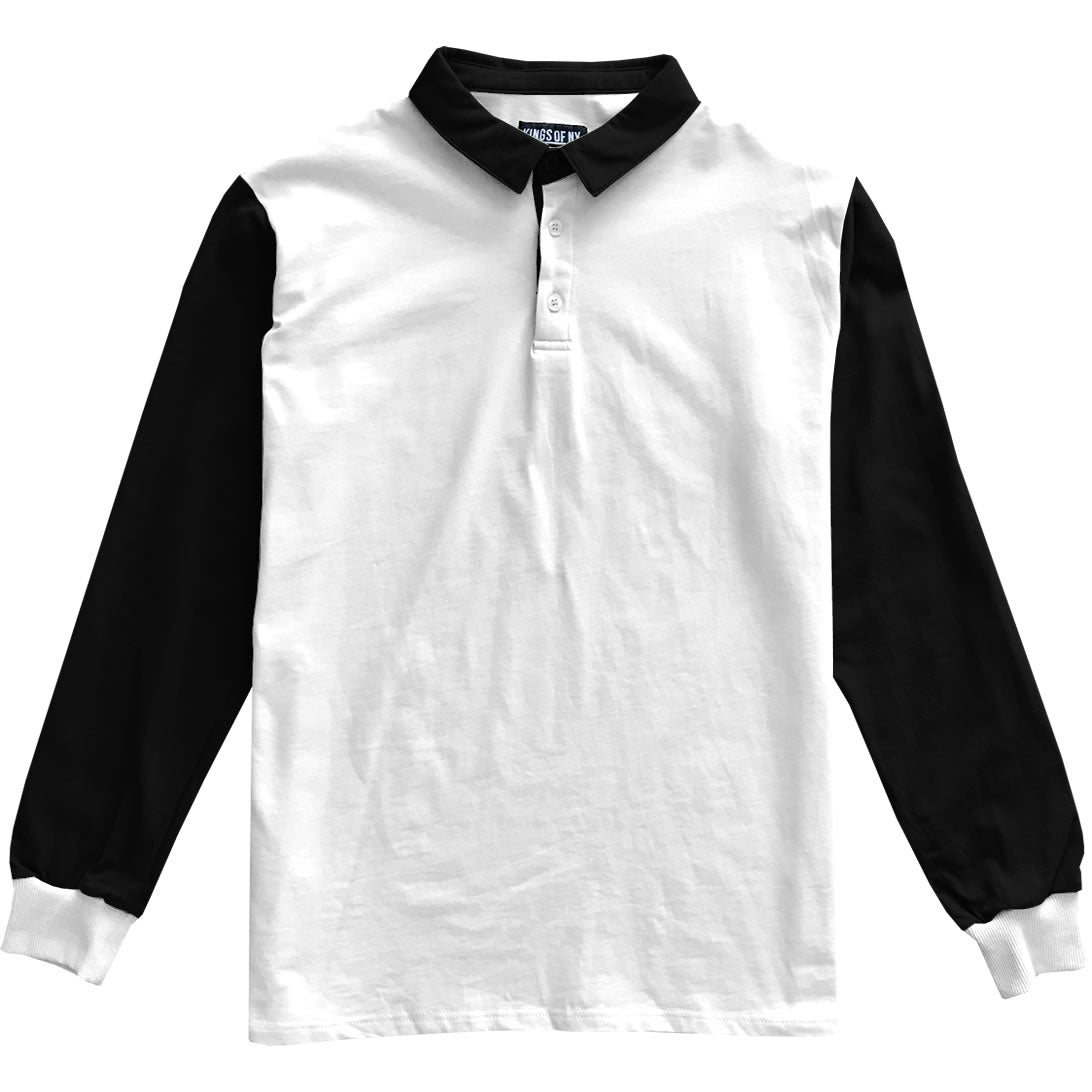 Black and White Colorblock Mens Long Sleeve Polo Rugby Shirt