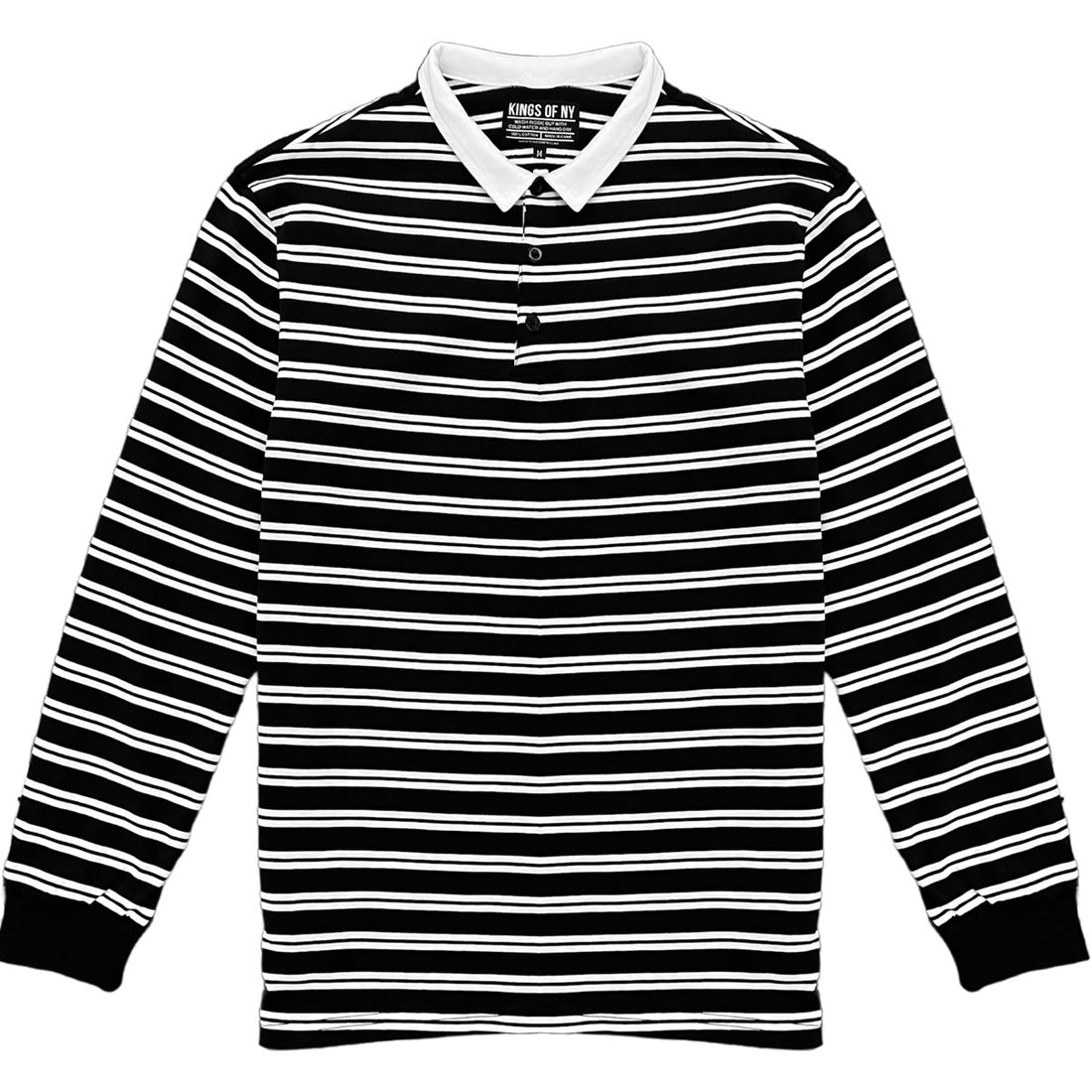 Black And White Double Striped Mens Long Sleeve Rugby Shirt