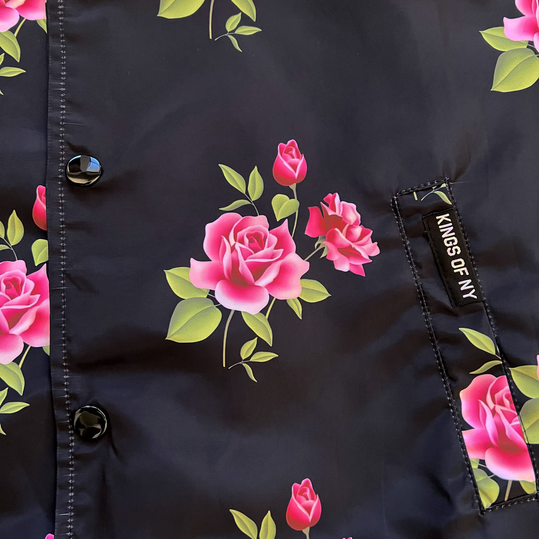 Black Pink Rose Floral Print Mens Coaches Jacket Pockets