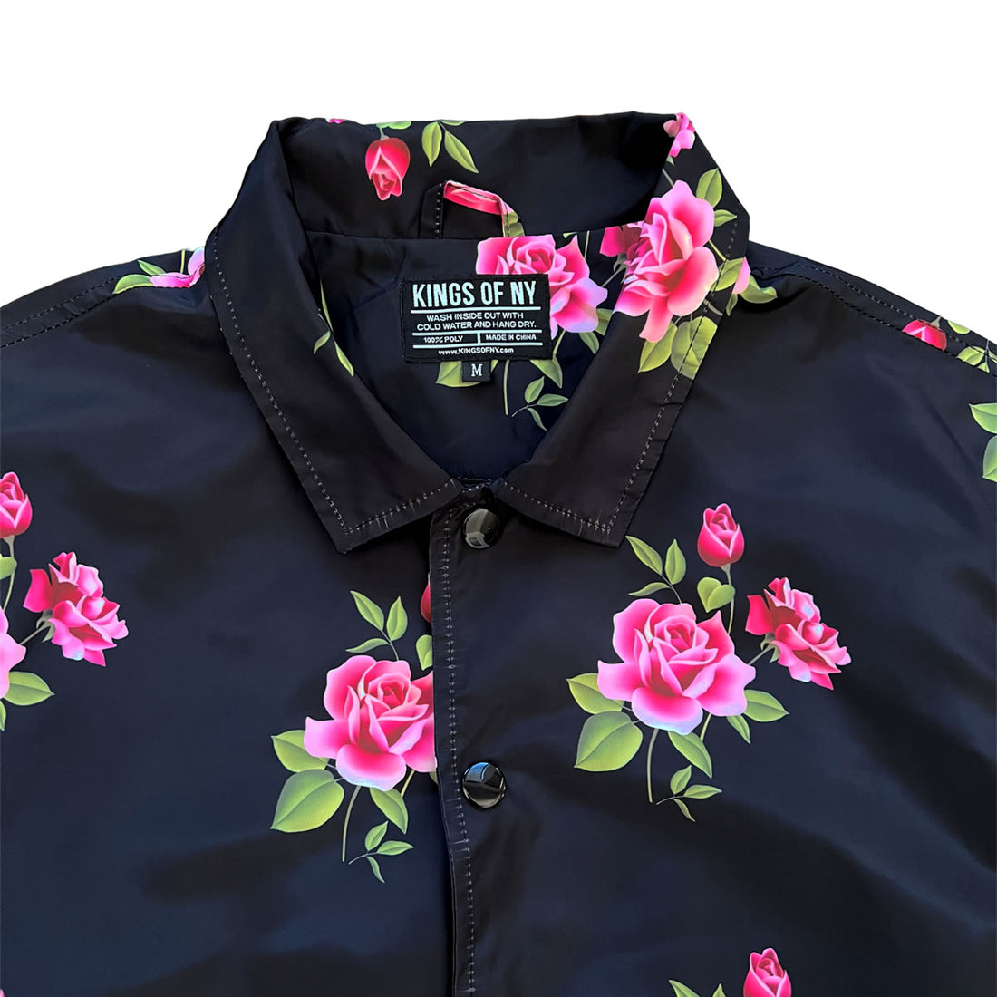 Black Pink Rose Floral Print Mens Coaches Jacket Brand Label