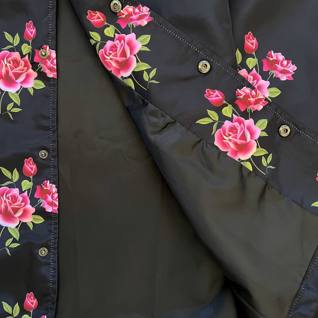 Black Pink Rose Floral Print Mens Coaches Jacket Inside Lining
