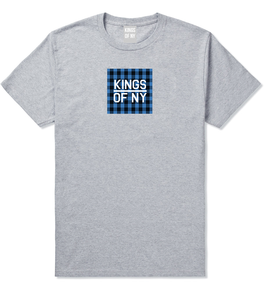 Blue Buffalo Plaid Box Logo Mens T-Shirt Grey by Kings Of NY