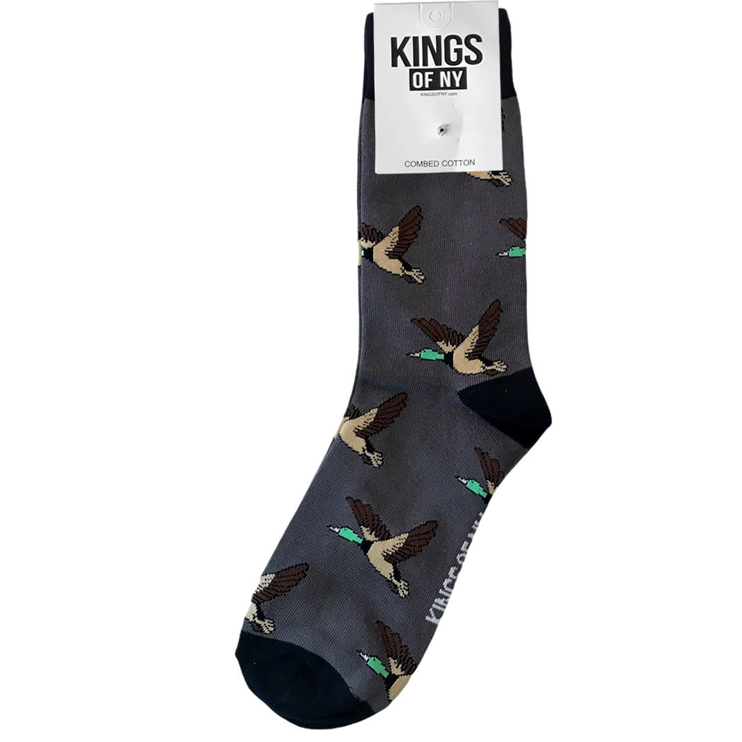 Dark Grey Mallard Duck Pattern Mens Crew Socks