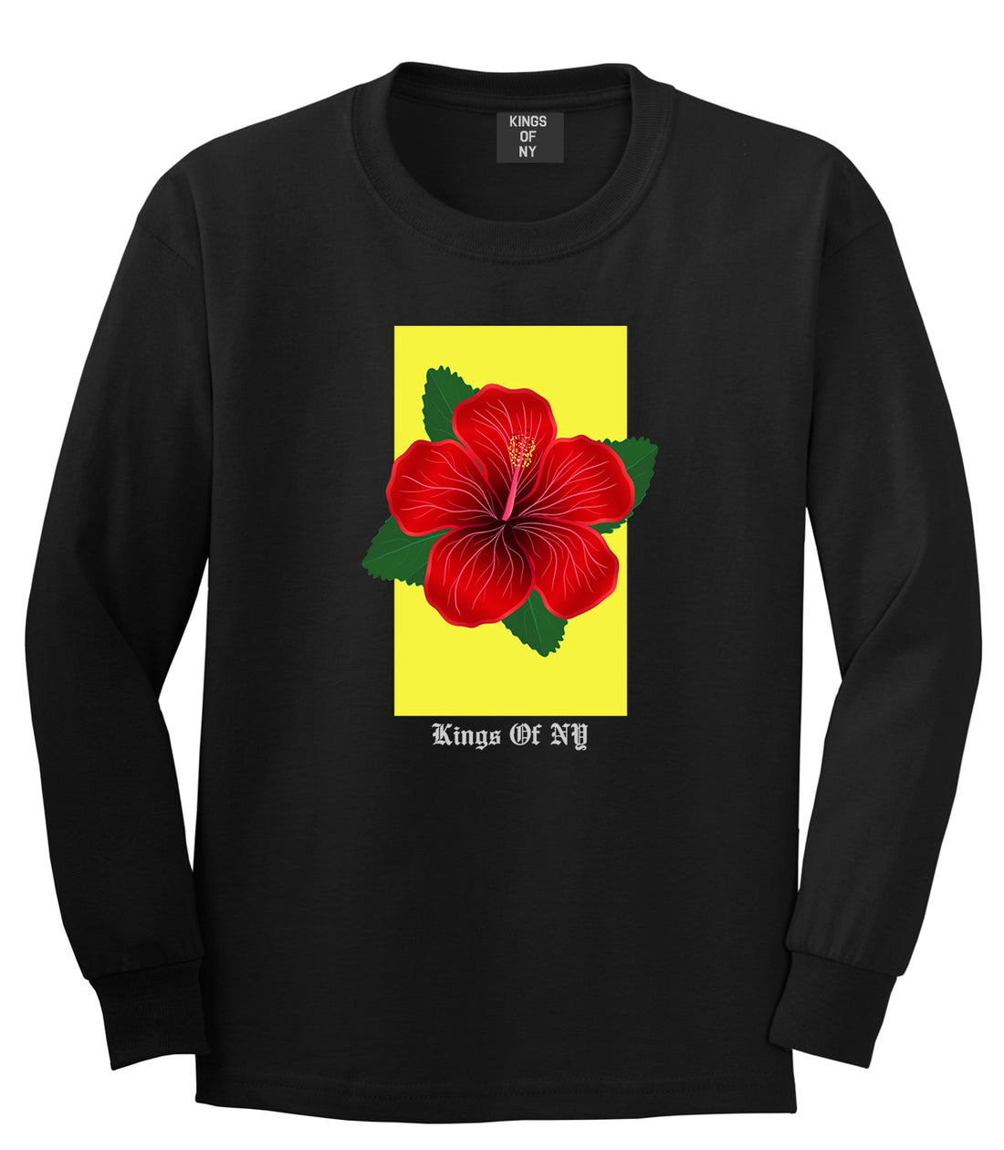 Hibiscus Flower Red Yellow Mens Long Sleeve T-Shirt Black