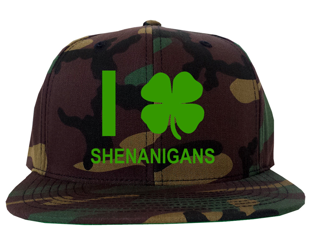 I Love Shenanigans Shamrock Mens Snapback Hat Army Camo