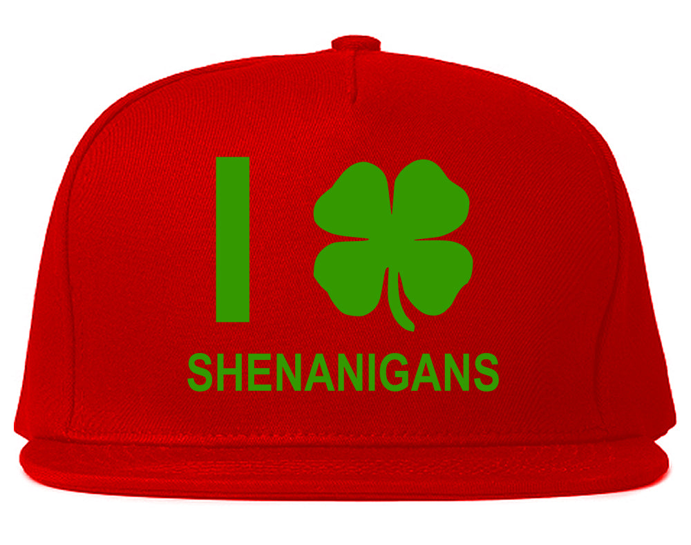 I Love Shenanigans Shamrock Mens Snapback Hat Red