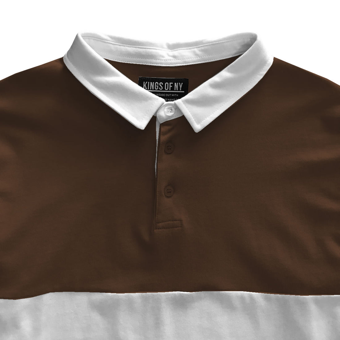 Mens Brown and White Striped Long Sleeve Polo Rugby Shirt Detail
