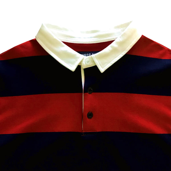 Navy Blue and Red Short Sleeve Striped Men's Rugby Shirt KINGS OF NY