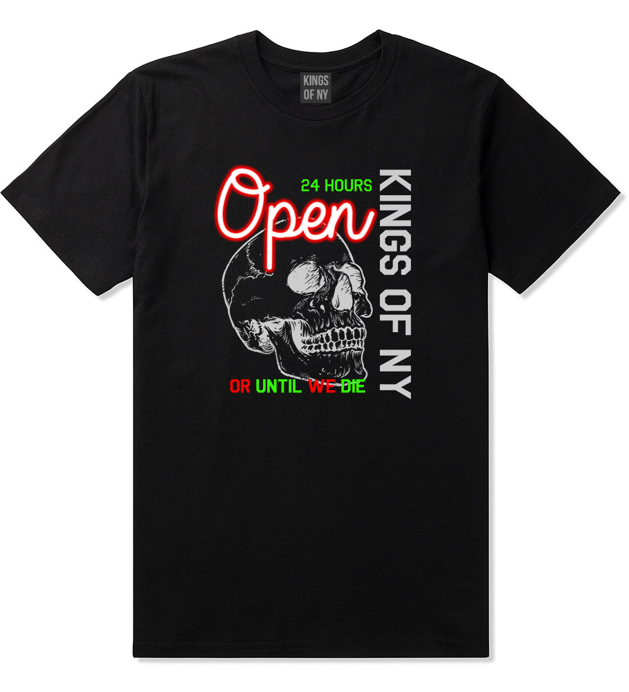 Open 24 Hours Sign Skull Mens T-Shirt Black by Kings Of NY
