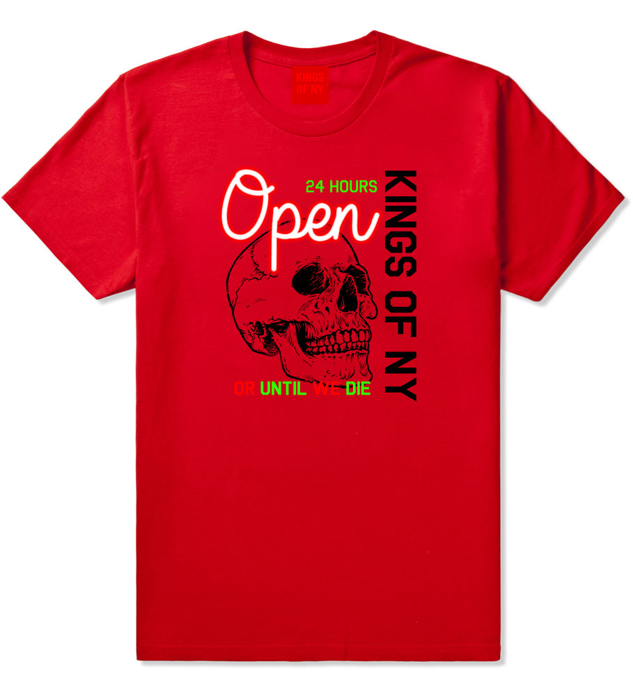 Open 24 Hours Sign Skull Mens T-Shirt Red by Kings Of NY