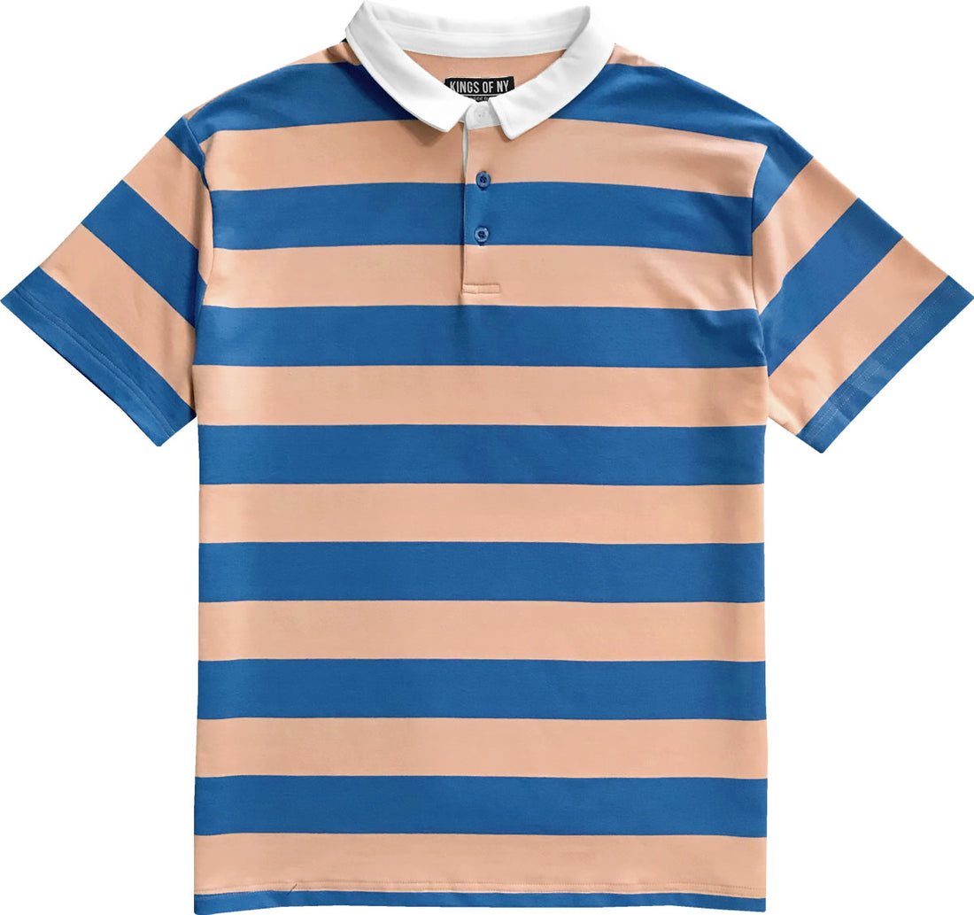 Pink And Blue Striped Mens Short Sleeve Rugby Shirt