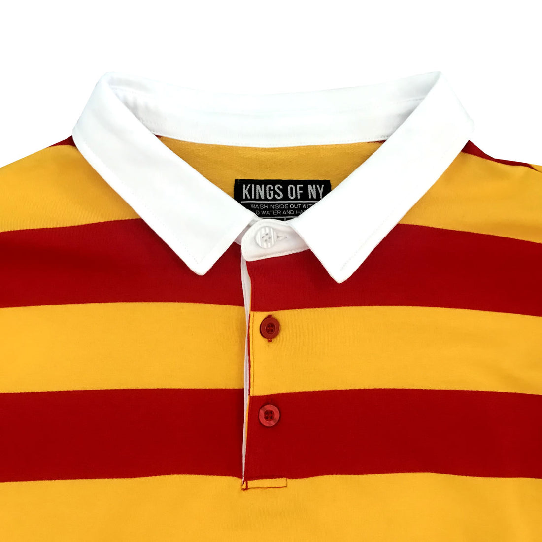 Red And Yellow Striped Mens Long Sleeve Rugby Shirt Detail