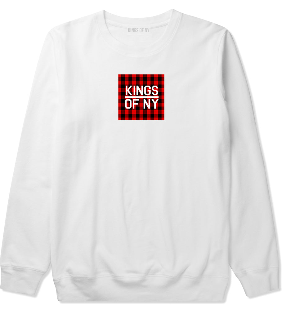 Red Buffalo Plaid Box Logo Mens Crewneck Sweatshirt White by Kings Of NY