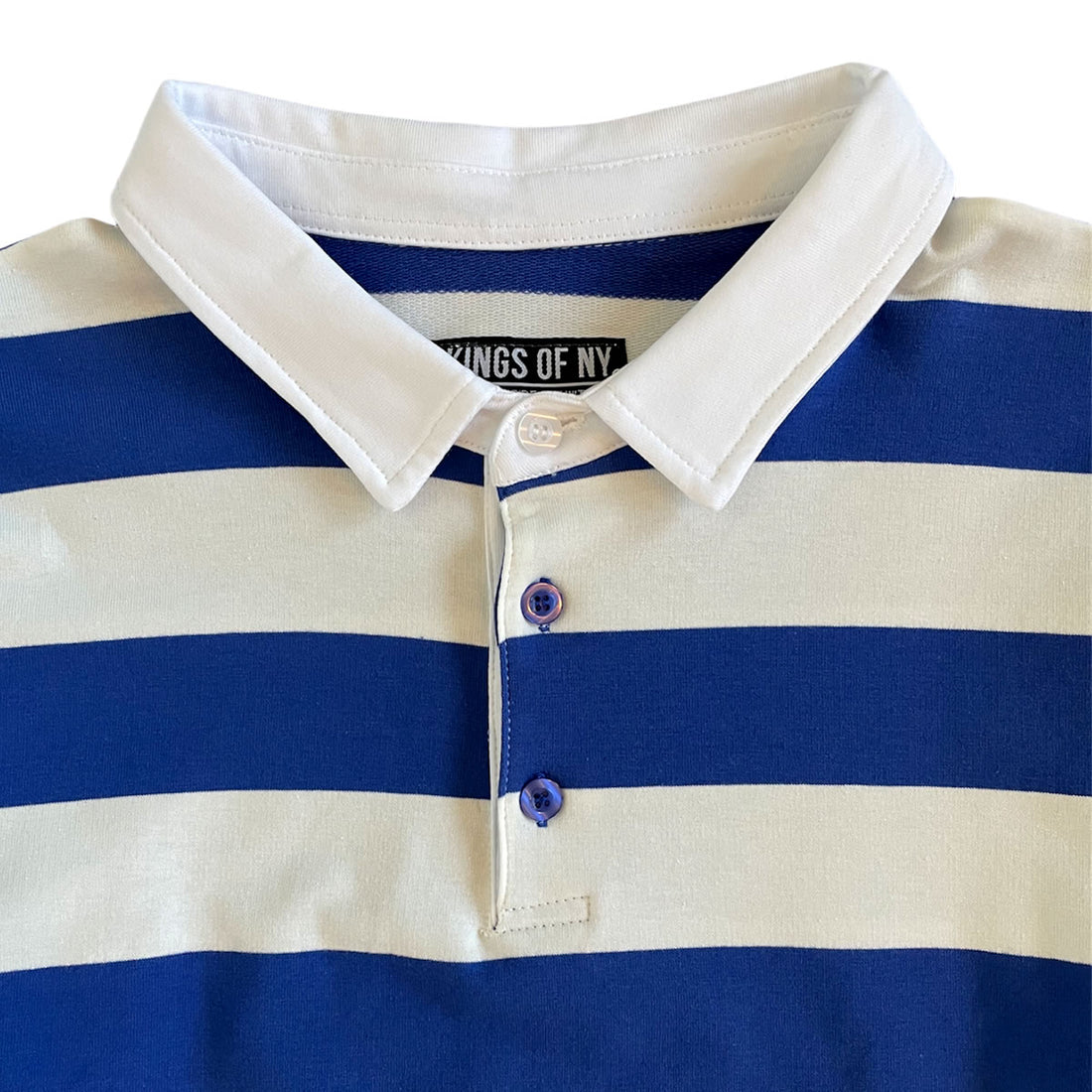 Royal Blue And Soft White Striped Mens Long Sleeve Rugby Shirt Detail