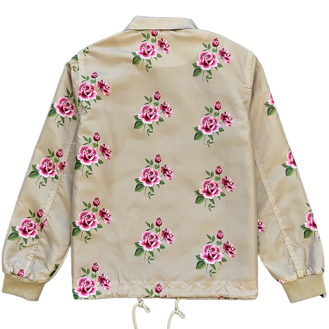 Tan Pink Rose Floral Print Mens Coaches Jacket Back