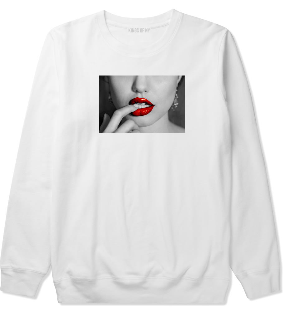  Angelina Red by Kings Of NY Lips Jolie Sexy Hot Picture Crewneck Sweatshirt in White by Kings Of NY