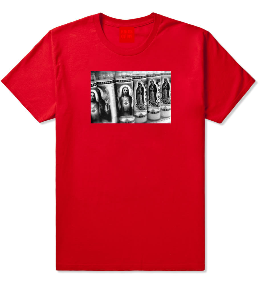Candles Religious God Jesus Mary Fire NYC T-Shirt In Red by Kings Of NY