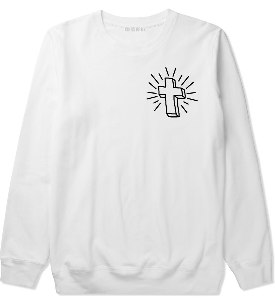 Cross of Praise Chest God Religious Crewneck Sweatshirt in White By Kings Of NY