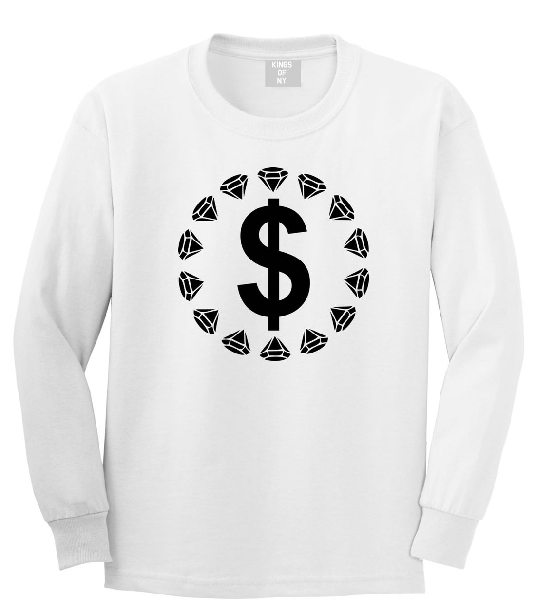 Diamonds Money Sign Logo Long Sleeve T-Shirt in White by Kings Of NY