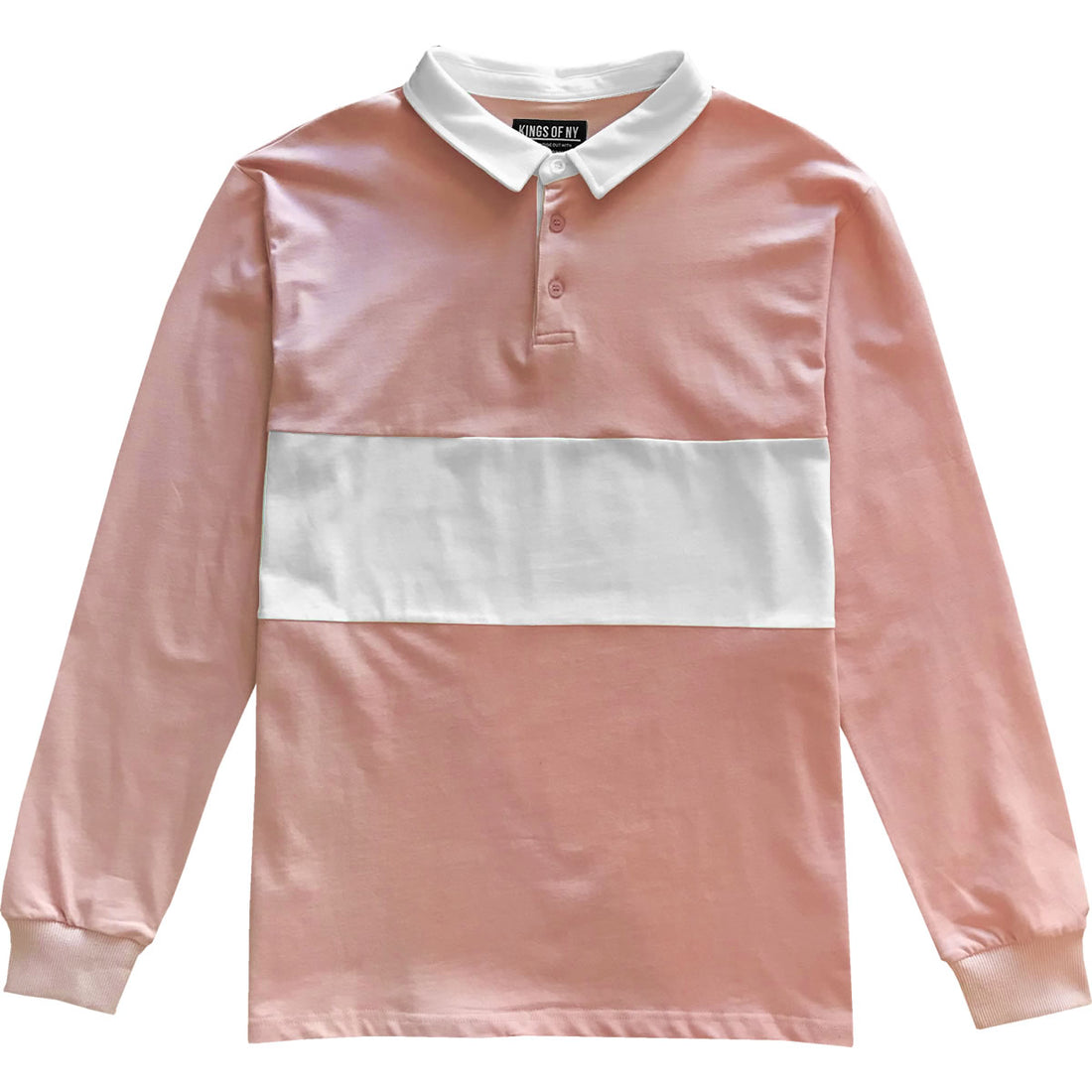 Mens Dusty Pink and White Striped Long Sleeve Polo Rugby Shirt