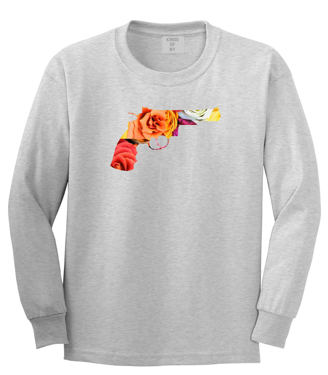 Floral Gun Flower Print Colt 45 Revolver Long Sleeve T-Shirt In Grey by Kings Of NY