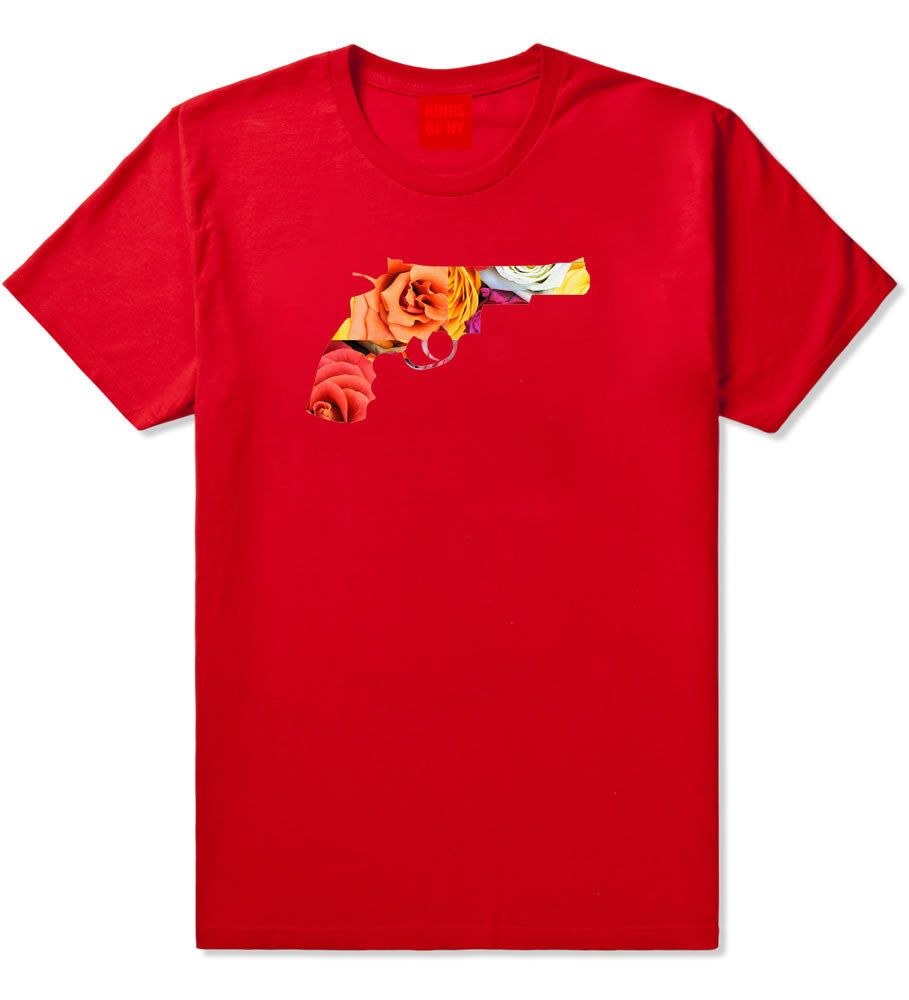 Floral Gun Flower Print Colt 45 Revolver T-Shirt In Red by Kings Of NY
