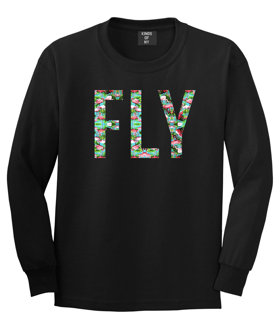 FLY Flamingo Print Summer Wild Society Long Sleeve T-Shirt In Black by Kings Of NY
