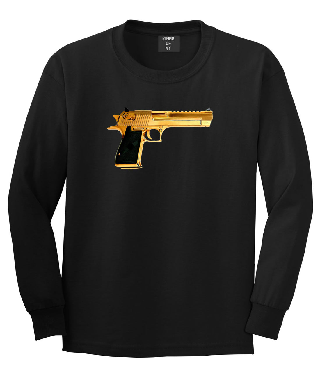 Gold Gun 9mm Revolver Chrome 45 Long Sleeve Boys Kids T-Shirt In Black by Kings Of NY