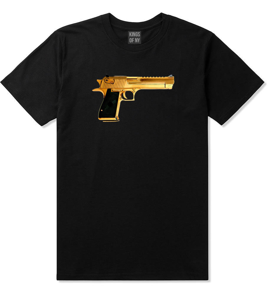 Gold Gun 9mm Revolver Chrome 45 T-Shirt In Black by Kings Of NY