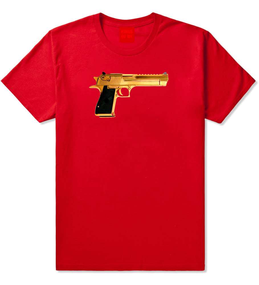 Gold Gun 9mm Revolver Chrome 45 T-Shirt In Red by Kings Of NY