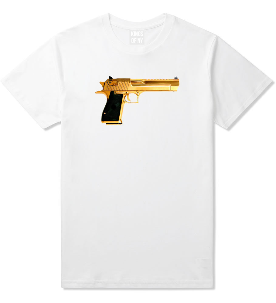 Gold Gun 9mm Revolver Chrome 45 T-Shirt In White by Kings Of NY