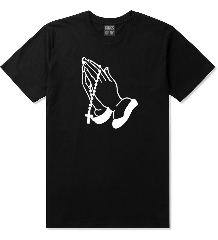 Pray For Them Prayer Hands Rosary T-Shirt in Black