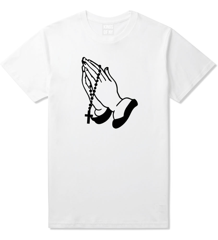 Pray For Them Prayer Hands Rosary T-Shirt in White