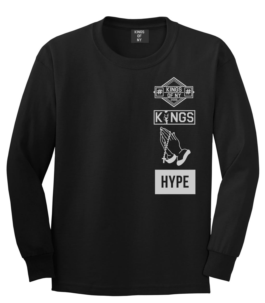 Prayer Hands Hype Left Logos Long Sleeve T-Shirt in Black By Kings Of NY