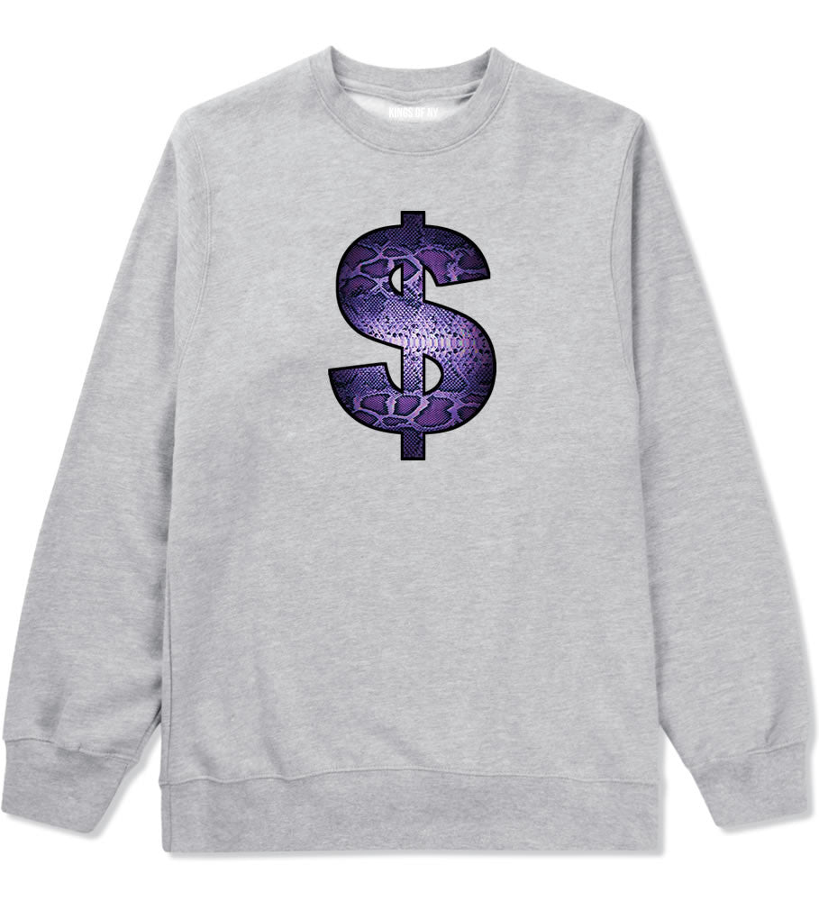 Snakeskin Money Sign Purple Animal Print Crewneck Sweatshirt In Grey by Kings Of NY