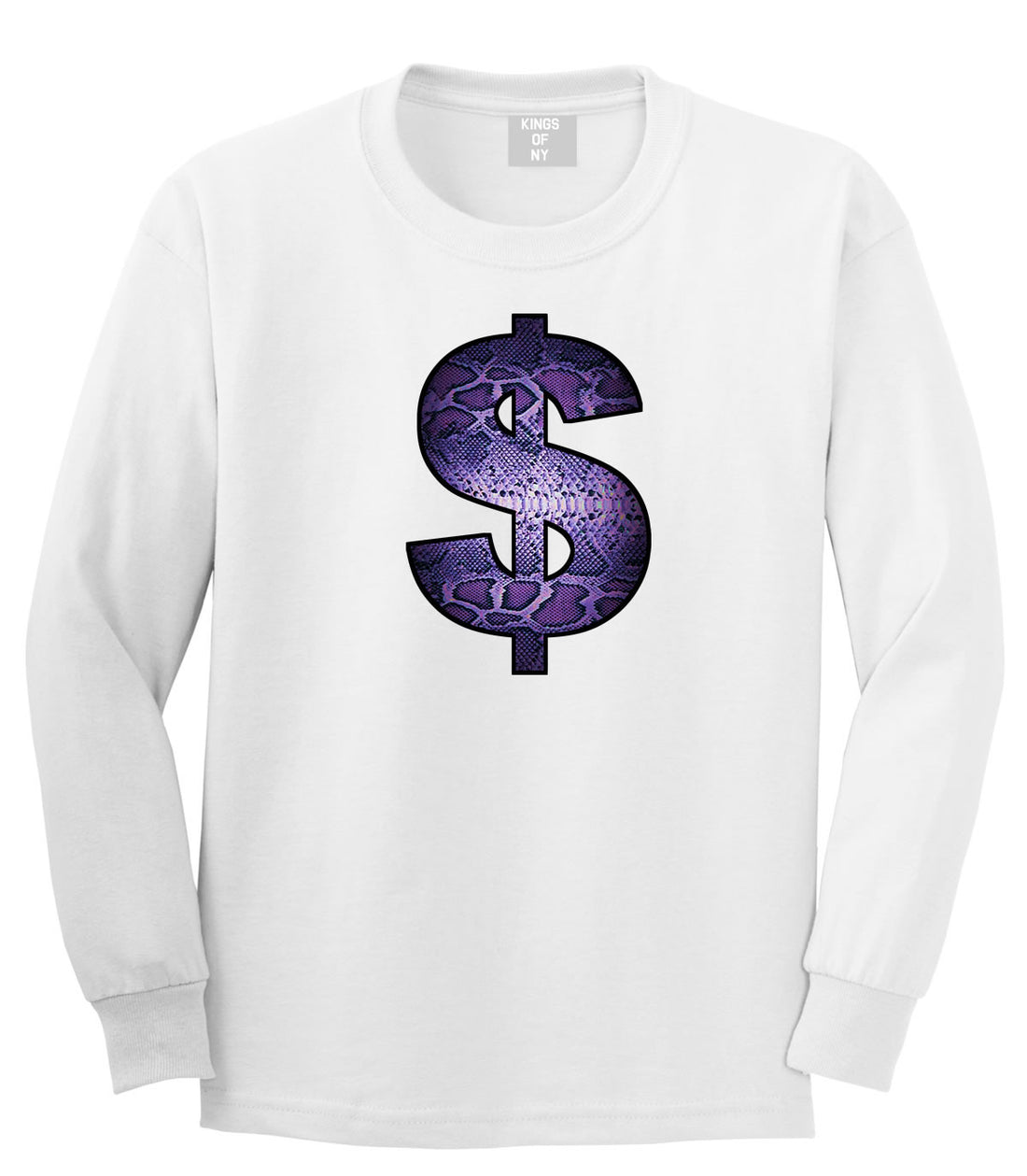 Snakeskin Money Sign Purple Animal Print Long Sleeve Boys Kids T-Shirt in White by Kings Of NY