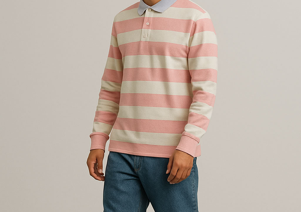 Pink and Beige Long Sleeve Rugby Shirt