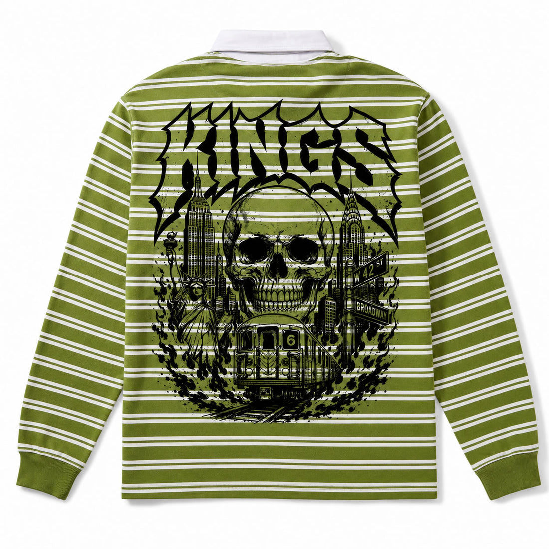 KINGS New York Skull Subway Mens Long Sleeve Rugby Shirt in Olive Green – Streetwear Rugby Shirts