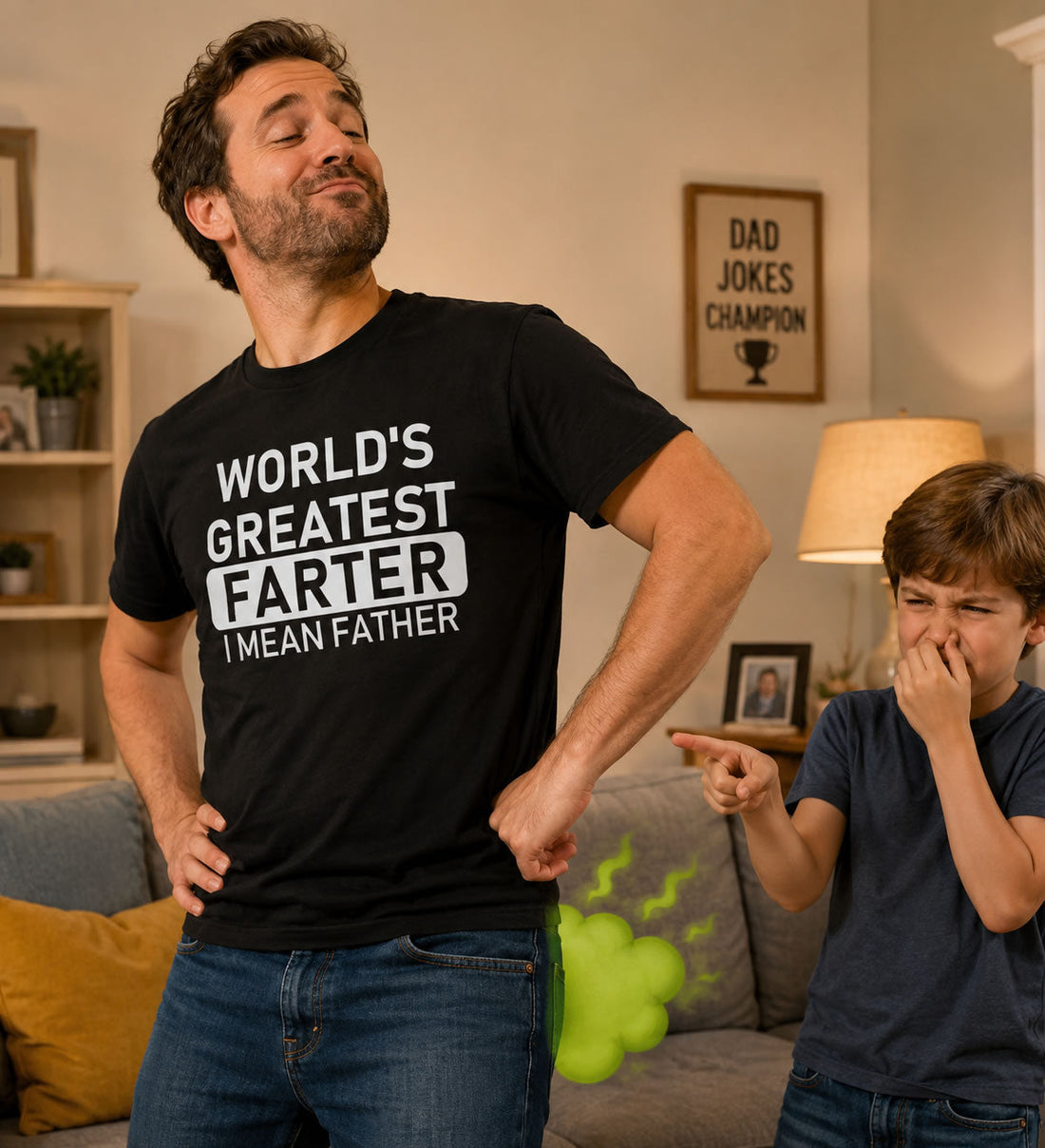 Dad wearing a funny World's Greatest Farter I Mean Father t-shirt while joking with his son at home