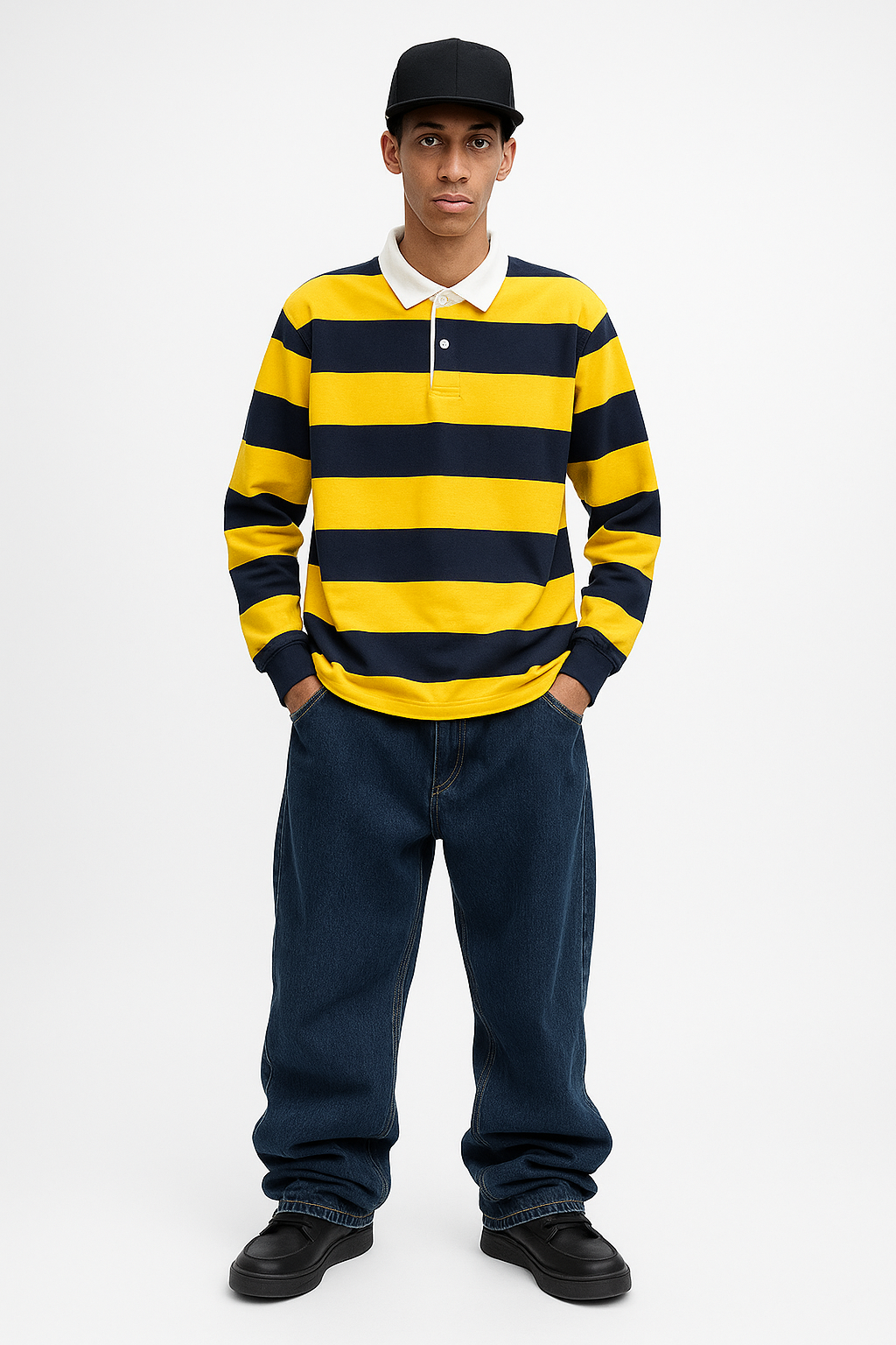 Men’s long sleeve rugby shirt with bold stripes styled for early fall streetwear.
