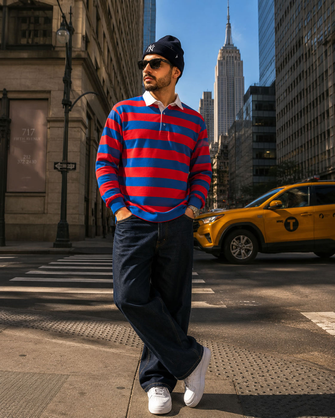 Man wearing an orange and blue striped long sleeve rugby shirt in a New York street style fashion scene