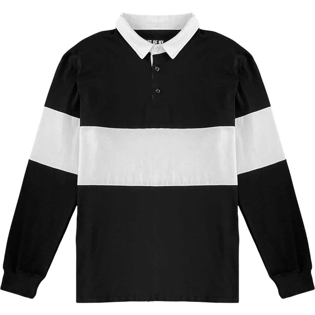 Traditional Black Rugby Shirt with solid white stripe