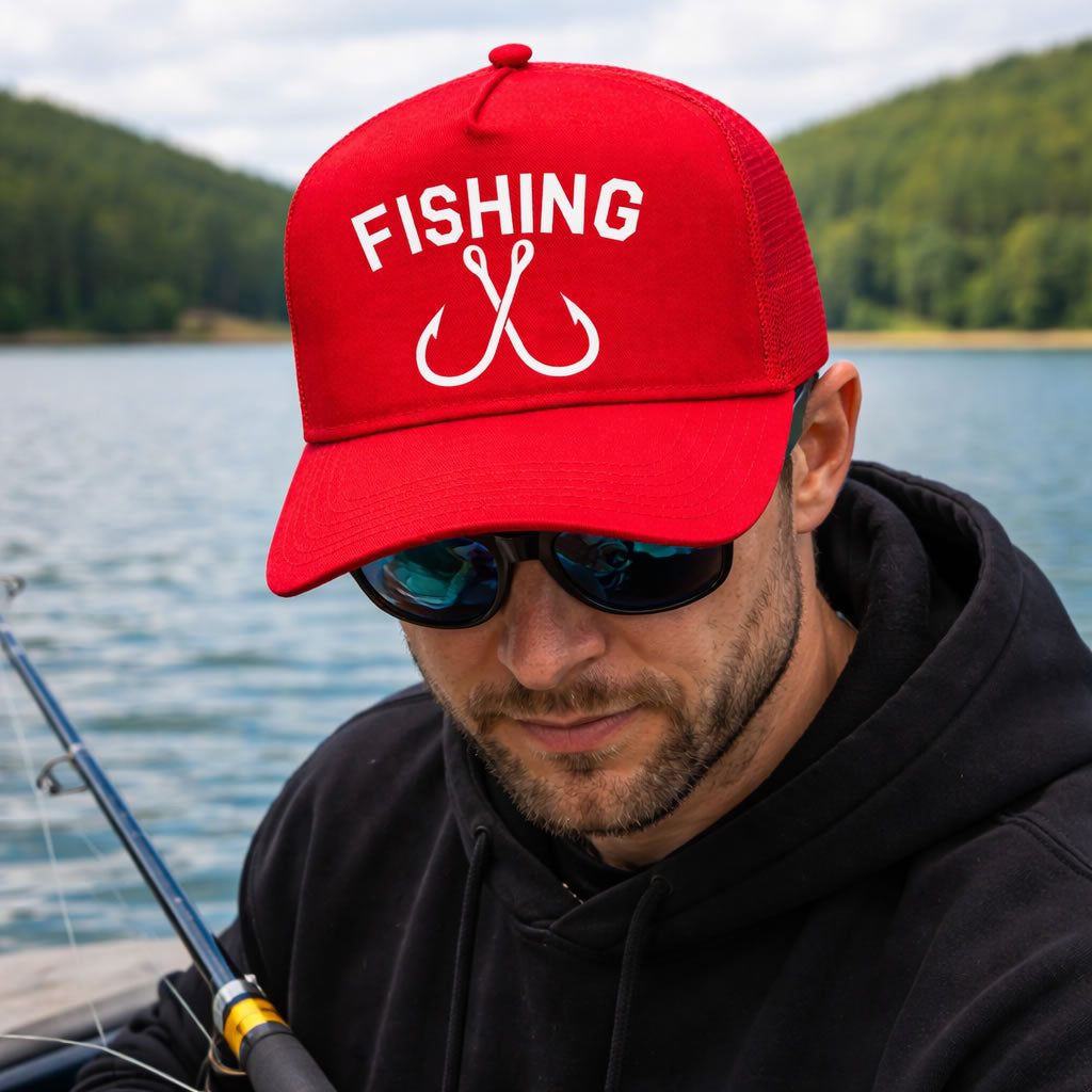 man at lake wearing fishing hook trucker hat