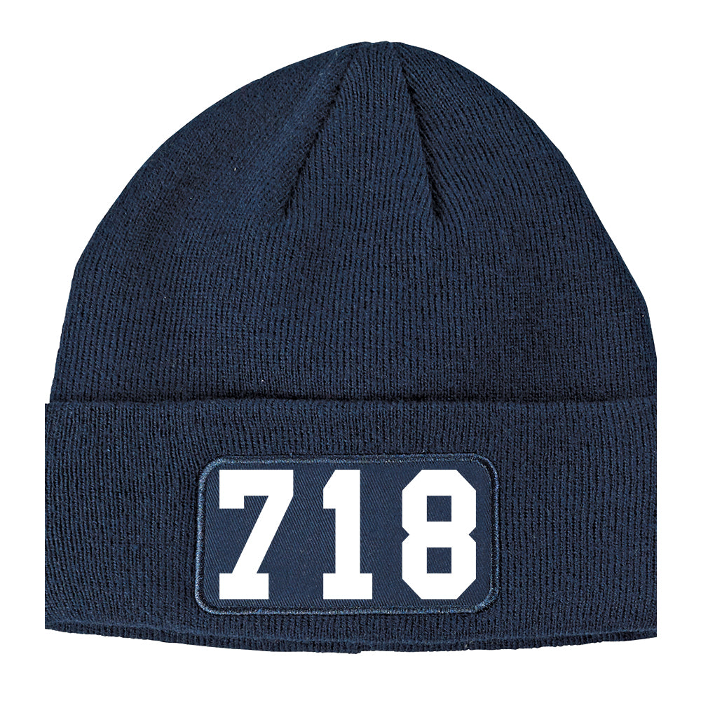 718 Area Code Winter Knit Adult Beanie Hat Navy Blue
