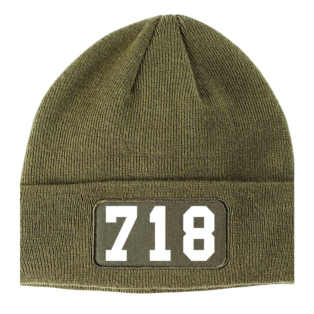 718 Area Code Winter Knit Adult Beanie Hat Olive Green