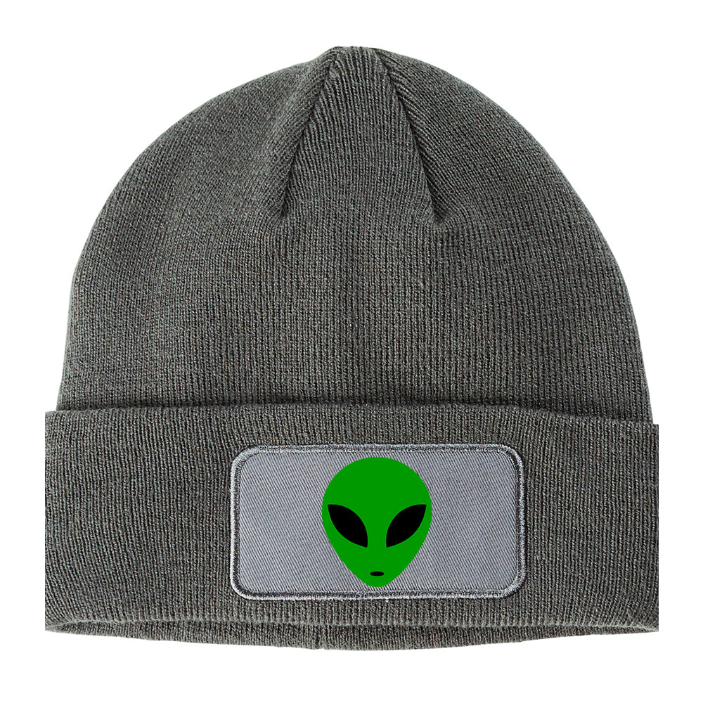 Alien Head Green Winter Knit Adult Beanie Hat Grey